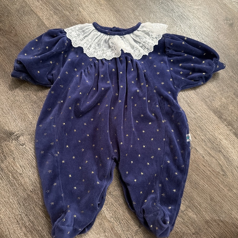 Little Me 6 Months Baby Girl Vintage Romper One Piece Star Print Navy Velour Y2K